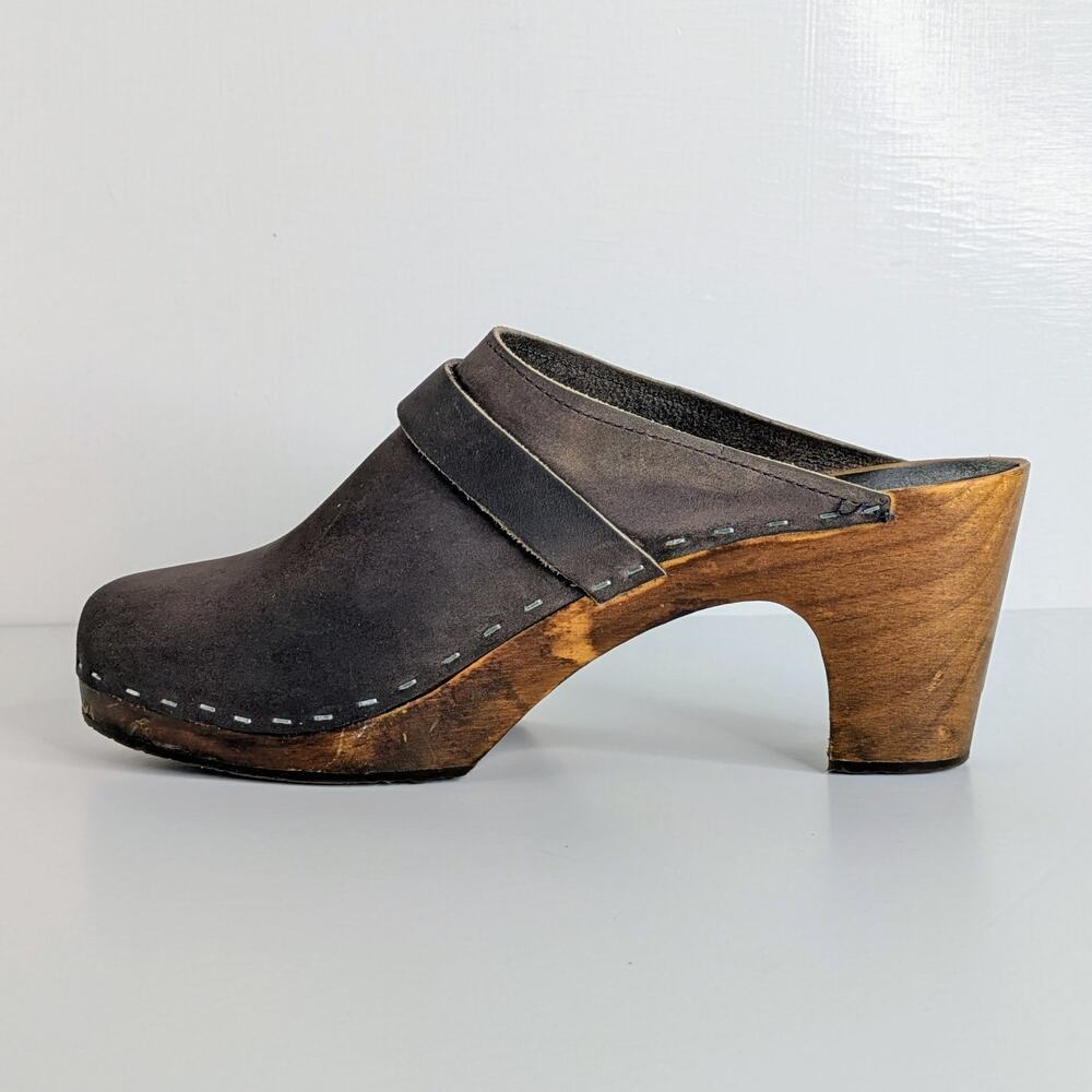 Sandgrens Maya Clogs 39 Brown Nubuck Leather 3" Heel Swedish Wood Base Runs 8.5 - Picture 7 of 16